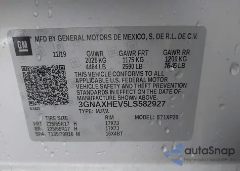 2020 Chevrolet Equinox Fwd Ls z USA, uszkodzony, nr VIN 3GNAXHEV5LS582927